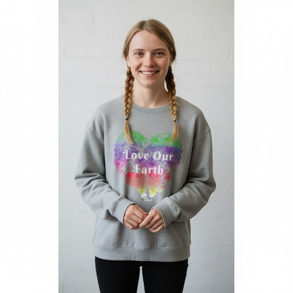 ECOTHREADS LOVE OUR EARTH sweatshirt Hearts Womens Sz XL Gray 95% Cotton